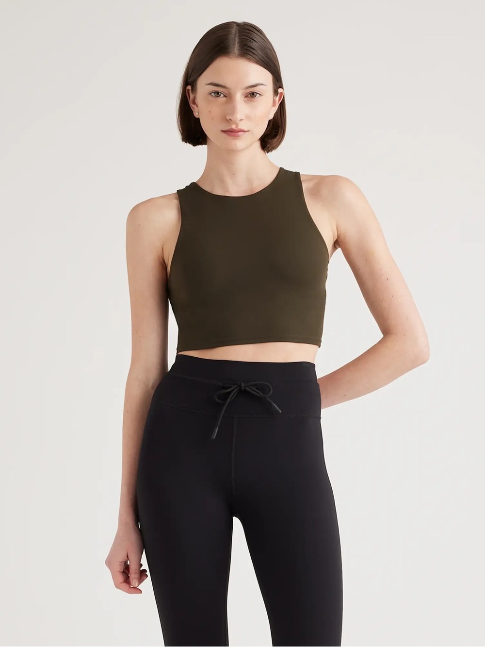 Quince Ultra Form High Neck Cropped Tank Top in Army Green Size Small Sports Bra